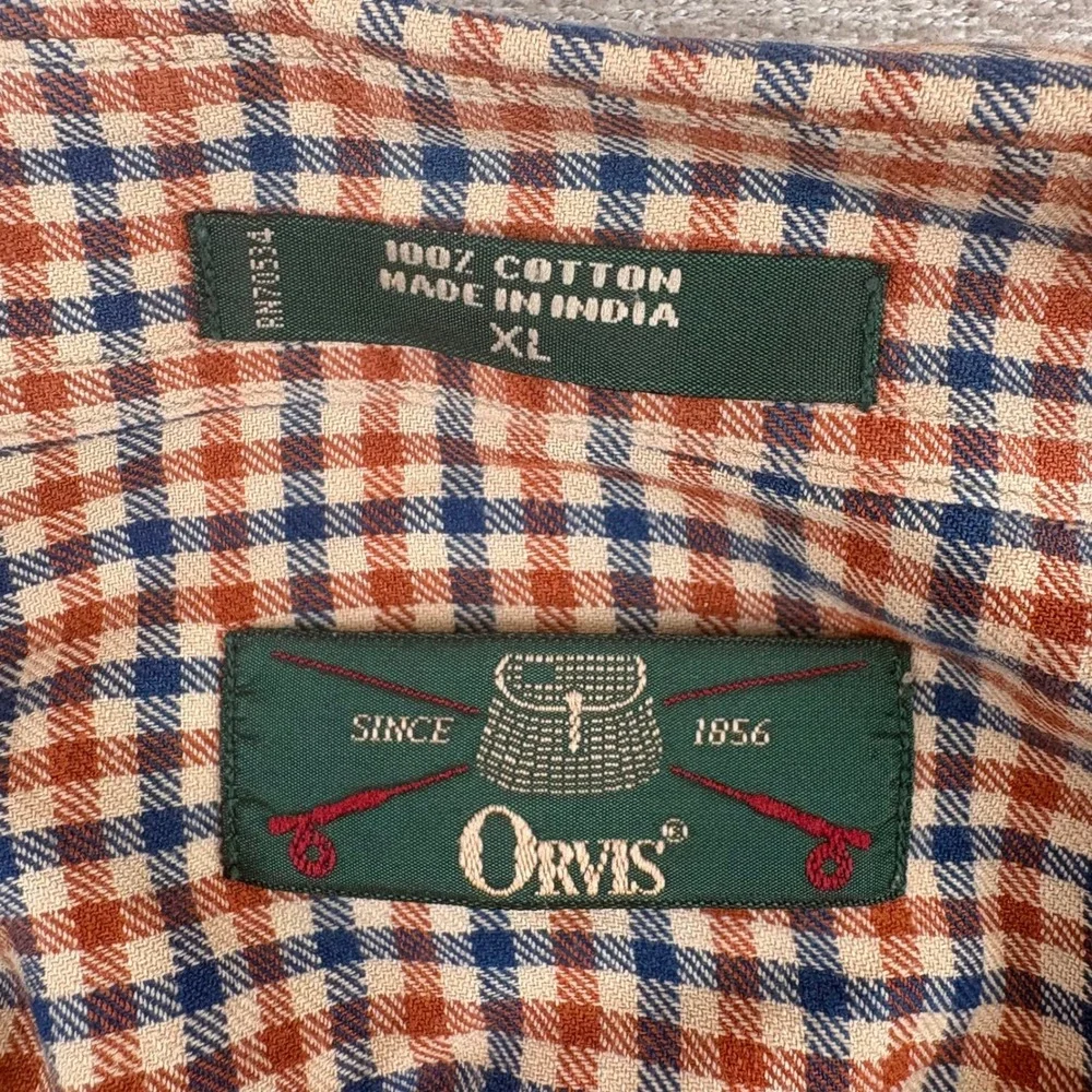 Vintage 90s Orvis Gingham Check Shirt Men XL Orange Blue Cotton Outdoorsy Rugged